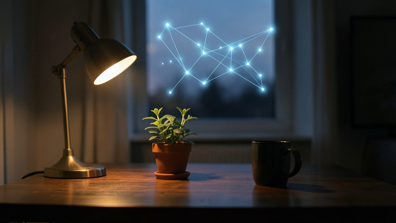 A dark home-office desk at dusk with a glowing abstract constellation of blue dots and lines floating like a hologram above it, beside a warm lamp, a plant and a mug