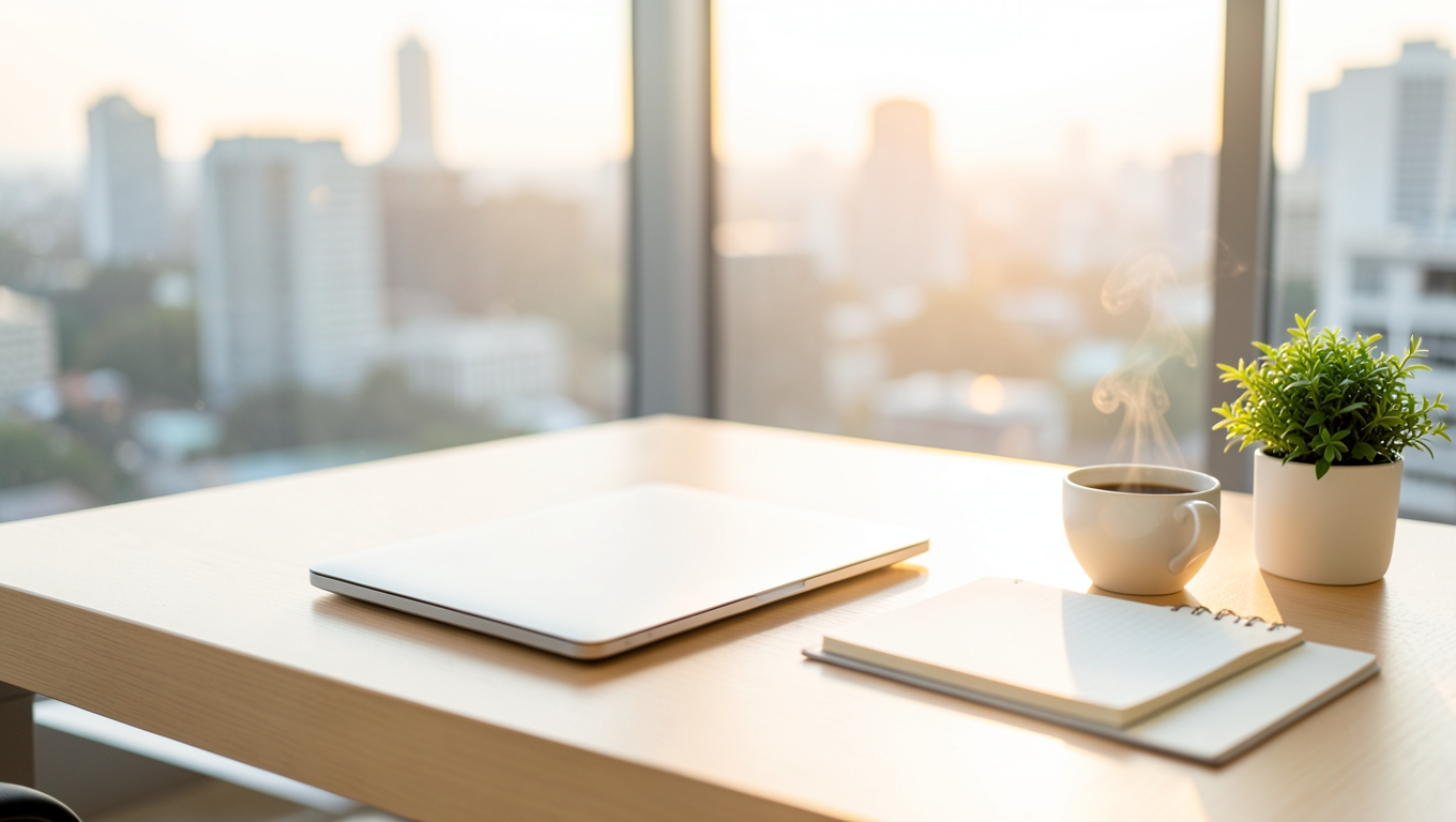 A calm Johannesburg office desk in morning light with a laptop, notebook and coffee, the city skyline through the window