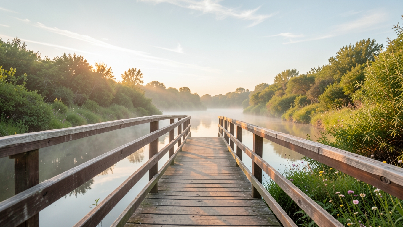 A simple wooden footbridge crossing a calm river at sunrise with mist over the water