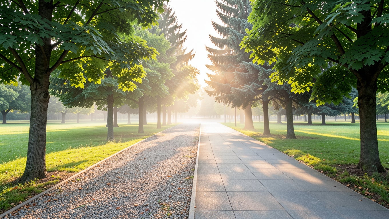 A park path forking into two paths, one gravel and one paved, in golden morning light