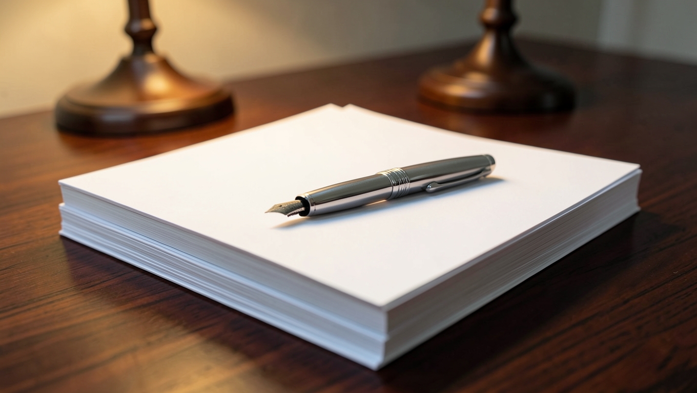 A neat stack of blank official documents on a formal dark wooden desk with a classic fountain pen on top, desk lamp softly blurred behind
