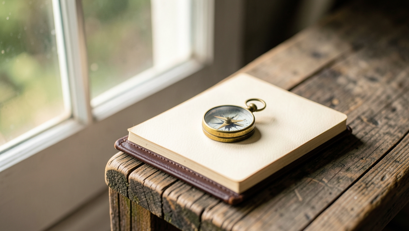 A vintage brass compass resting on an open notebook on a wooden bench in morning light