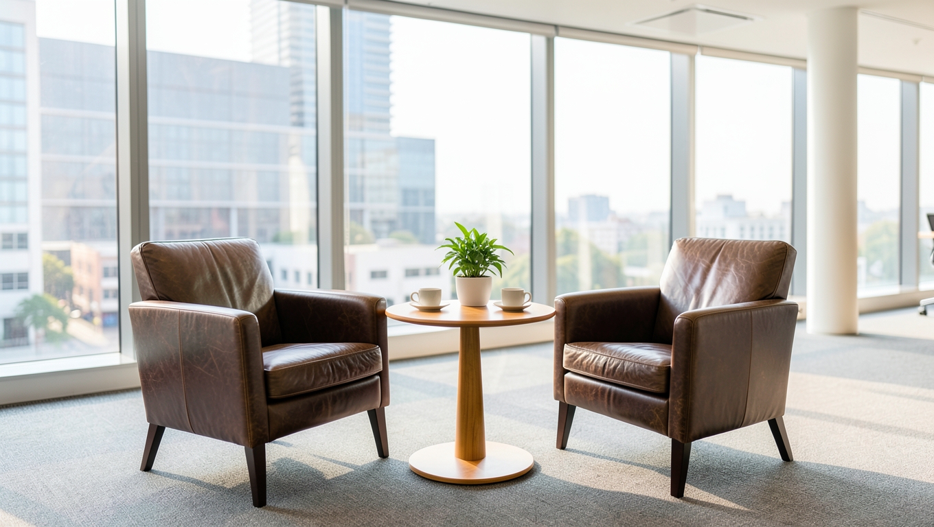 Two empty brown leather armchairs facing each other across a small table with two coffee cups in a bright office overlooking a city