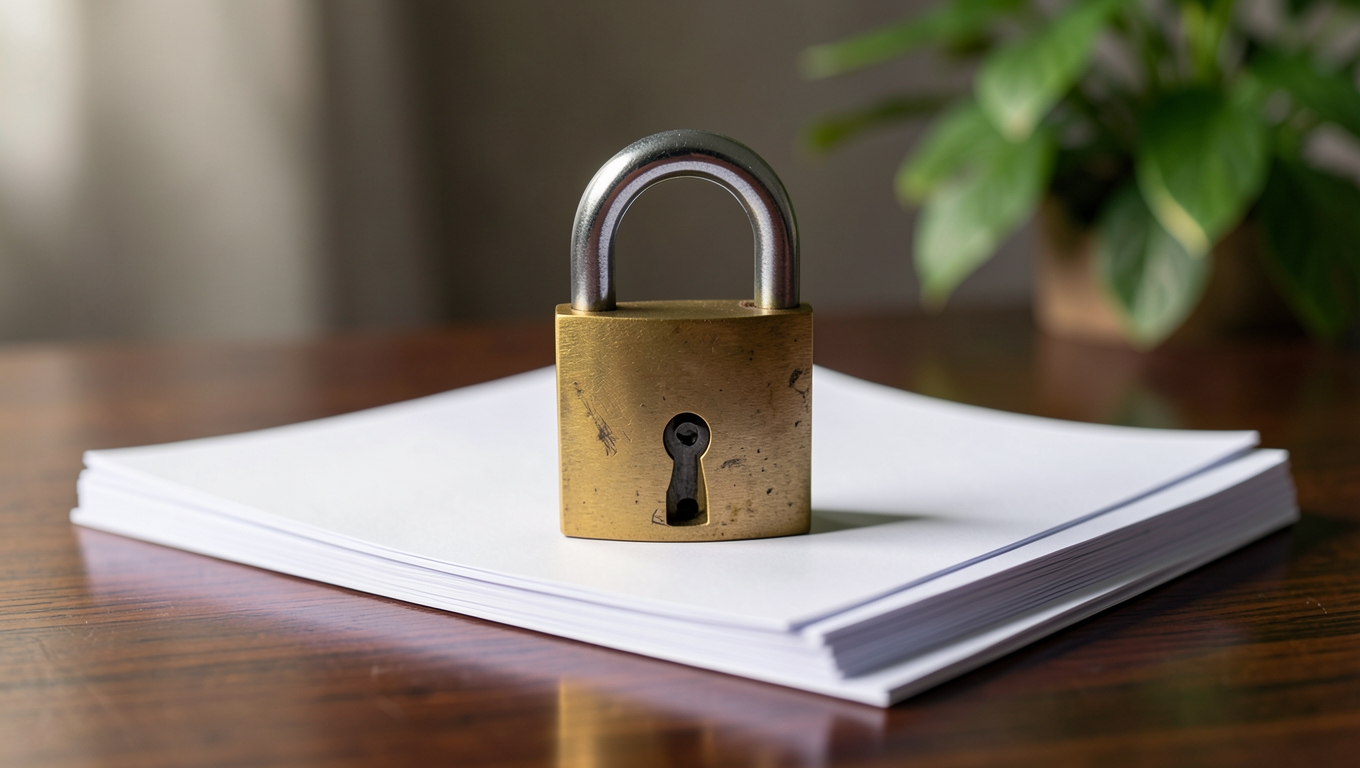 A closed brass padlock resting on a neat stack of blank documents on a dark wooden desk, plant blurred in the background