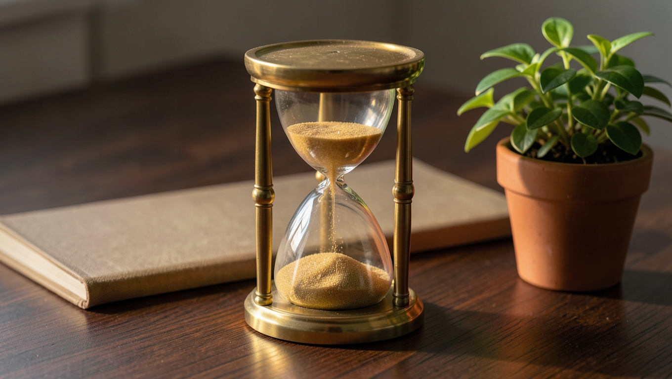A brass hourglass with golden sand on a dark desk beside a plant and a closed notebook