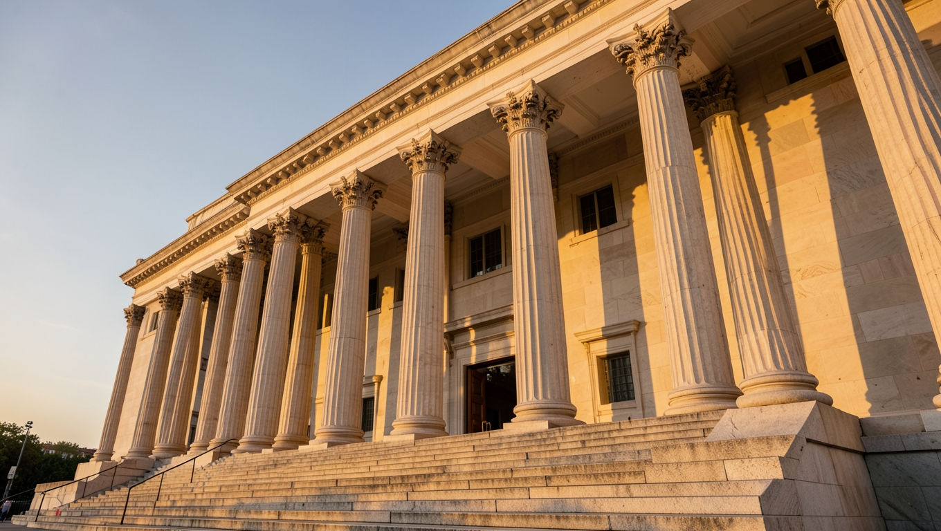 A grand classical government building facade with tall columns and wide steps in warm late afternoon light, no text anywhere
