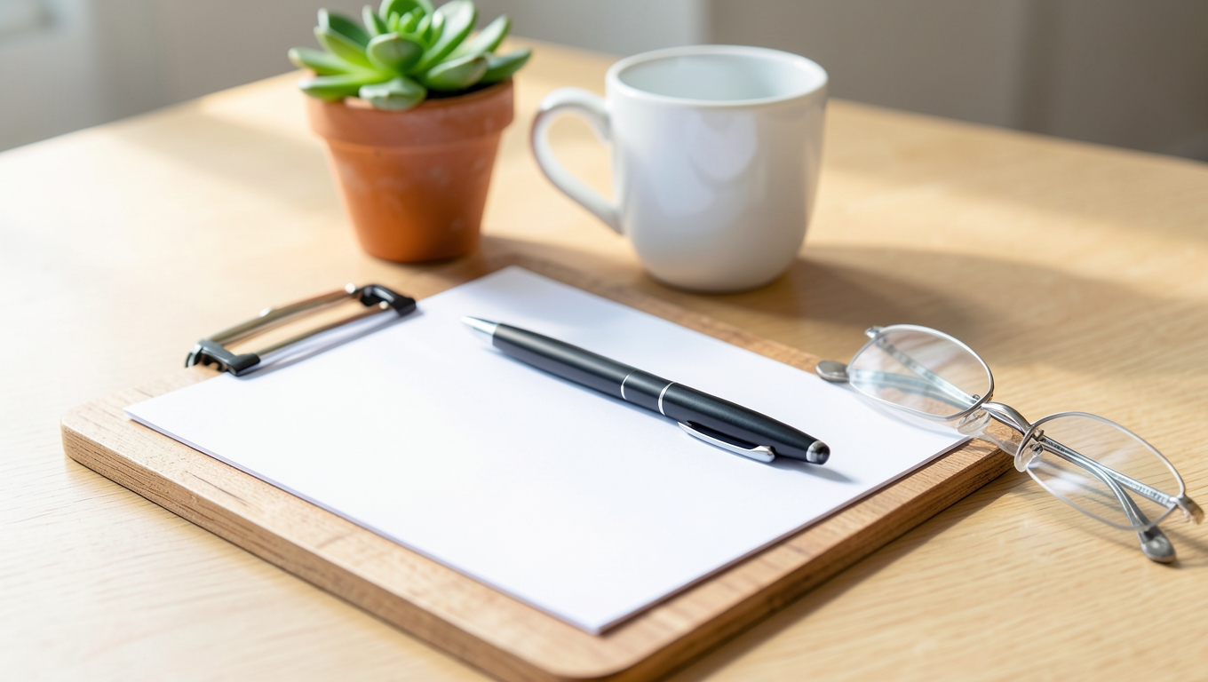 A bright desk with a wooden clipboard holding a blank sheet of paper, a pen, a coffee cup and a small succulent