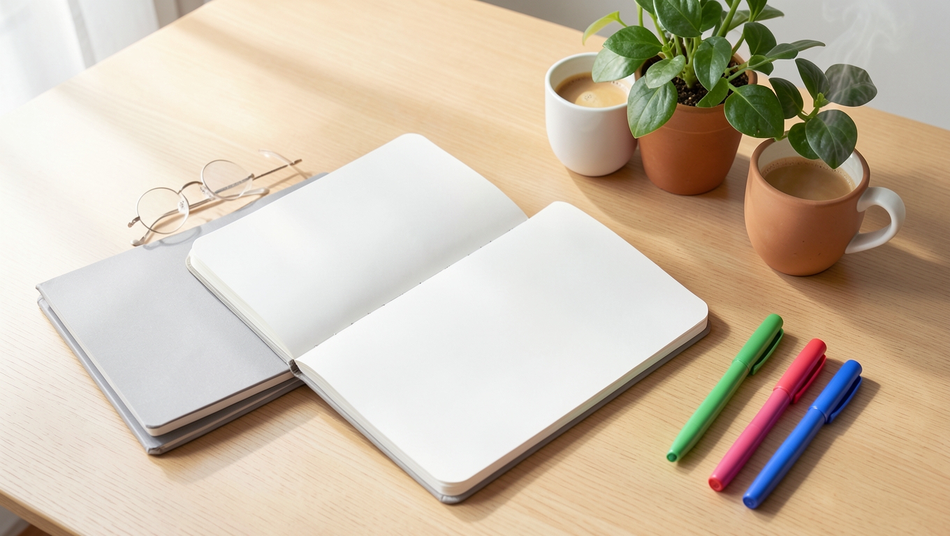 A bright oak desk with open blank notebooks, a potted plant, two coffees, reading glasses and coloured pens in soft morning light