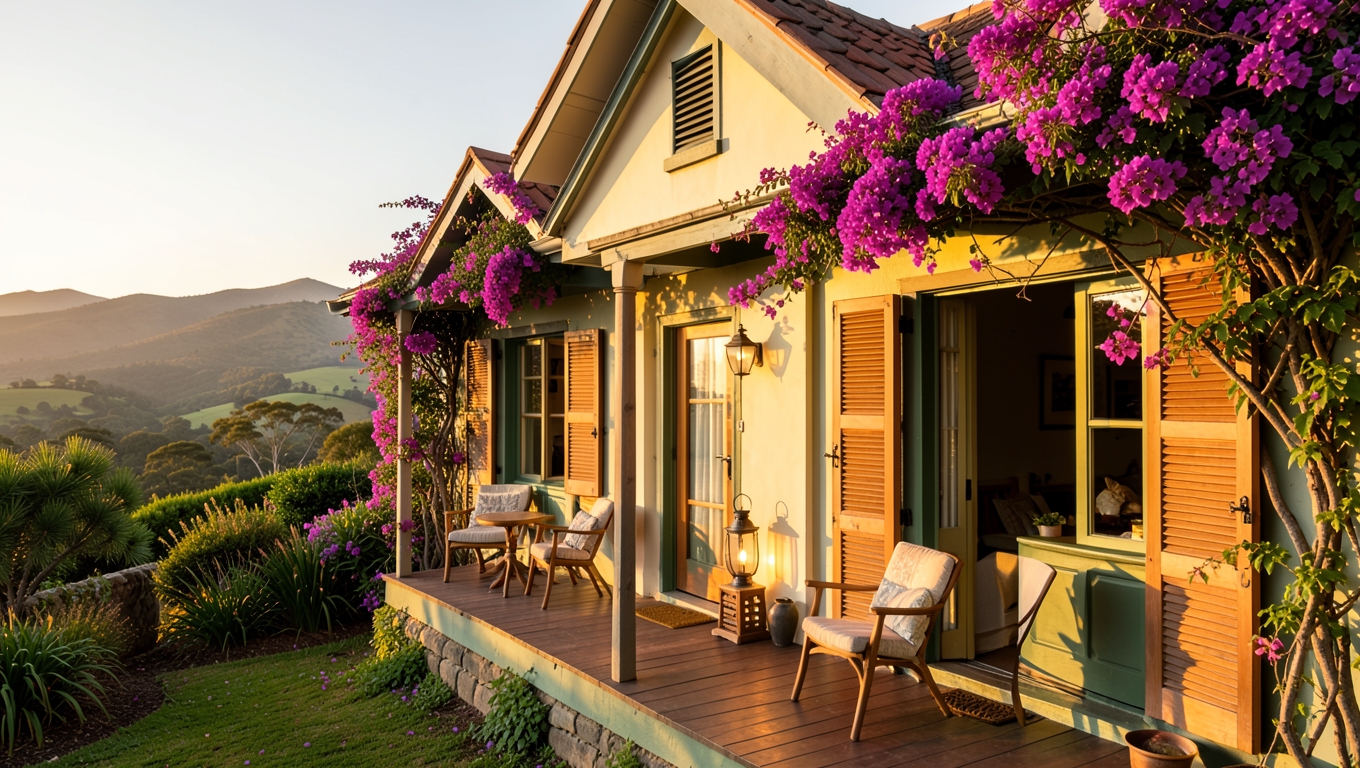 A South African guesthouse stoep at golden hour with bougainvillea and rolling hills in the distance