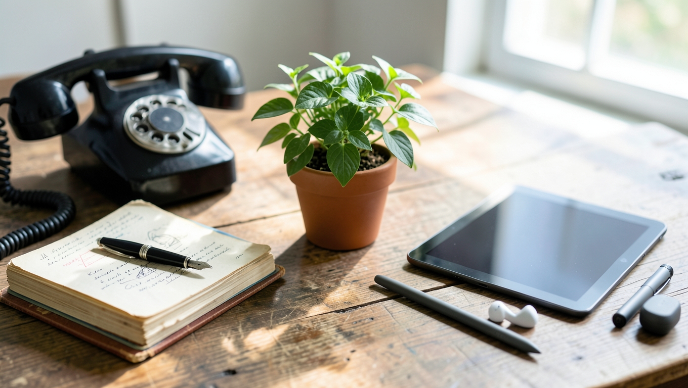 A long desk with paper notebooks and an old telephone on one side and a tablet, earbuds and a stylus on the other
