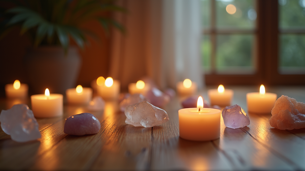 Eye-level view of a serene meditation space with candles and crystals