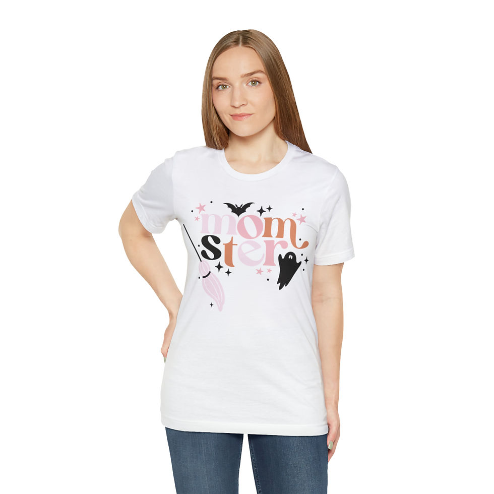 Thumbnail: Funny Momster T-Shirt with Playful Ghost- Bat- broom-Design | Women's Halloween