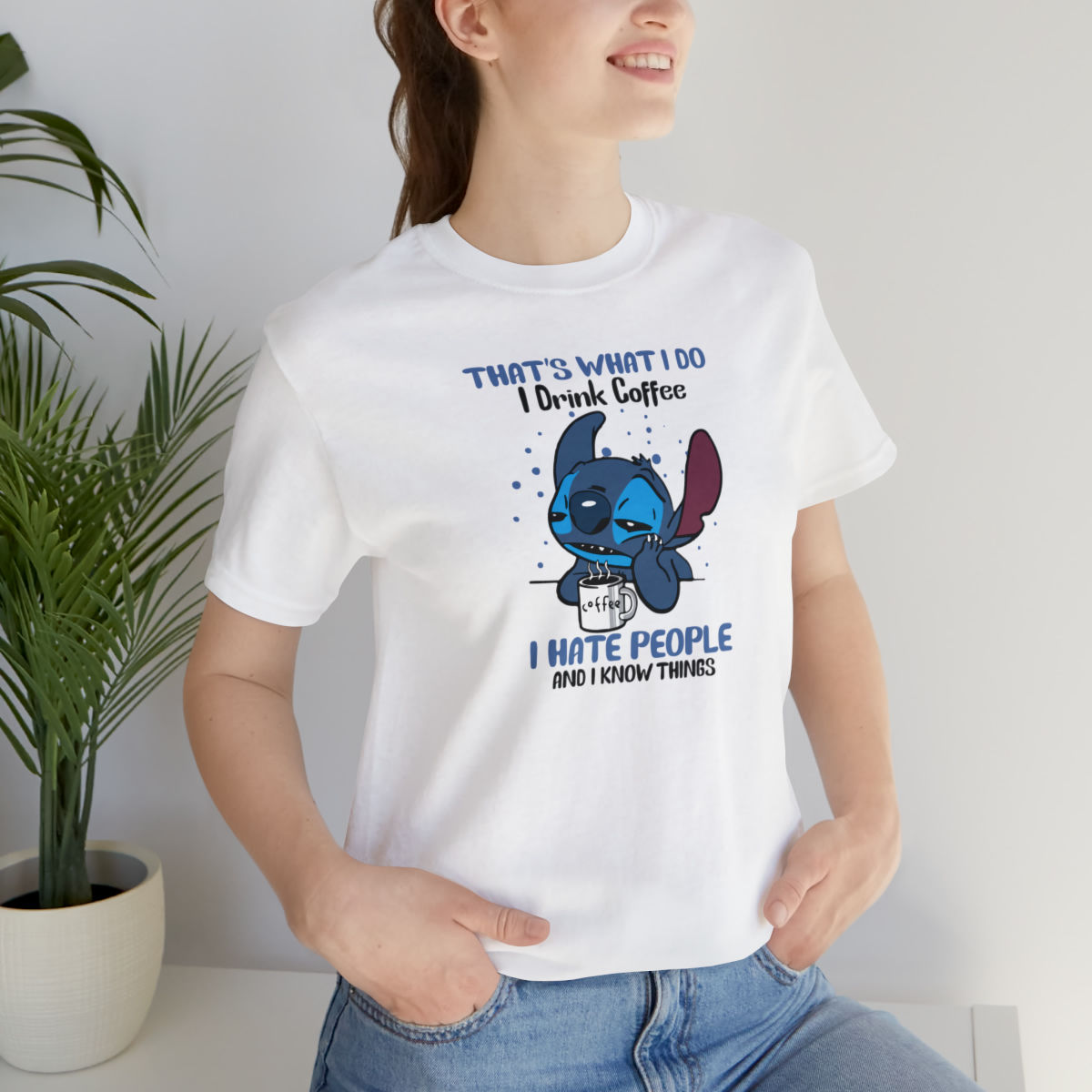 Stitch I drink coffee, I hate people, I know things Jersey Short Sleeve T-shirt