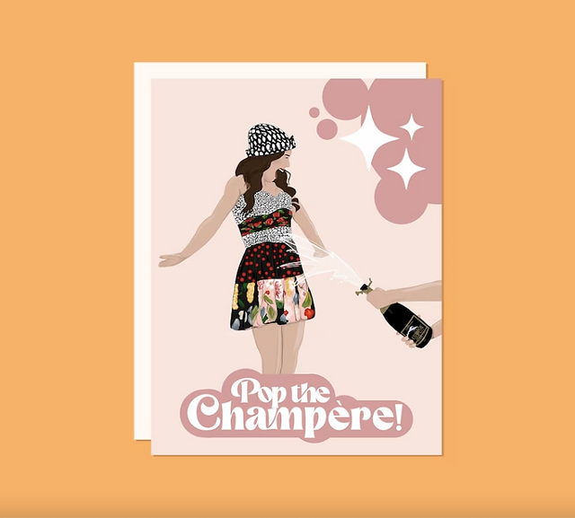 illustrated art depicting emily cooper being sprayed with champagne