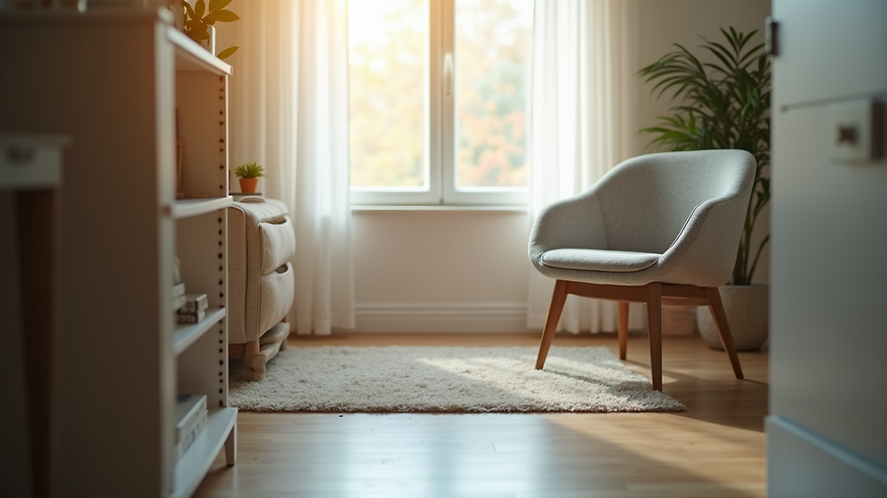 Close-up view of a therapist's office with a comfortable chair and soft lighting