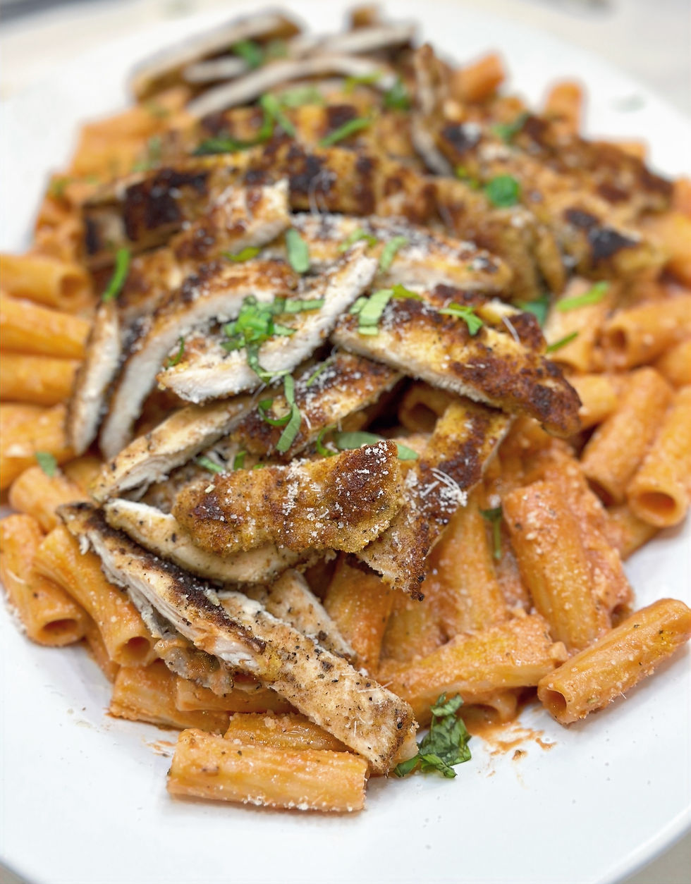 Parm Crusted Chicken & Rigatoni Tomato Mascarpone Cream Sauce