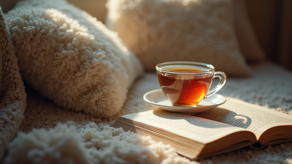 Close-up view of a cozy reading nook with a book and a cup of tea
