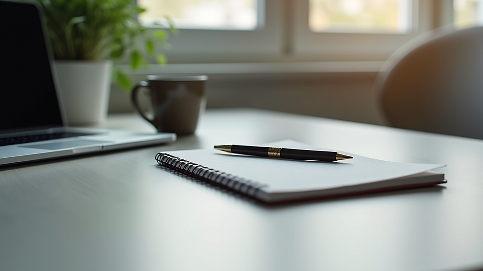 Eye-level view of a desk with a laptop, notebook, and coffee cup ready for planning