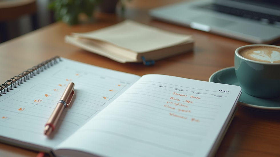 Eye-level view of a desk with a calendar, notebook, and coffee cup