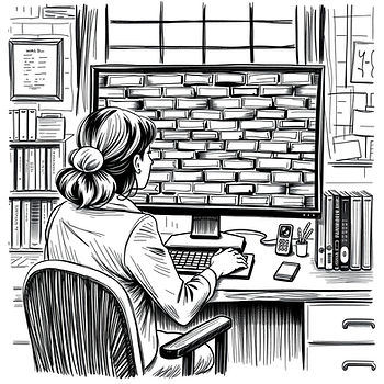 A woman sits at a desk, facing a computer with a genealogy brick wall
