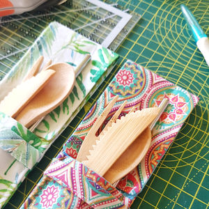 Wooden cutlery sets in handsewn pouche by Sparrow Road Handmade.