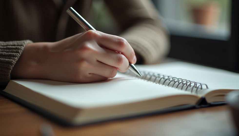 Eye-level view of a person writing notes in a journal