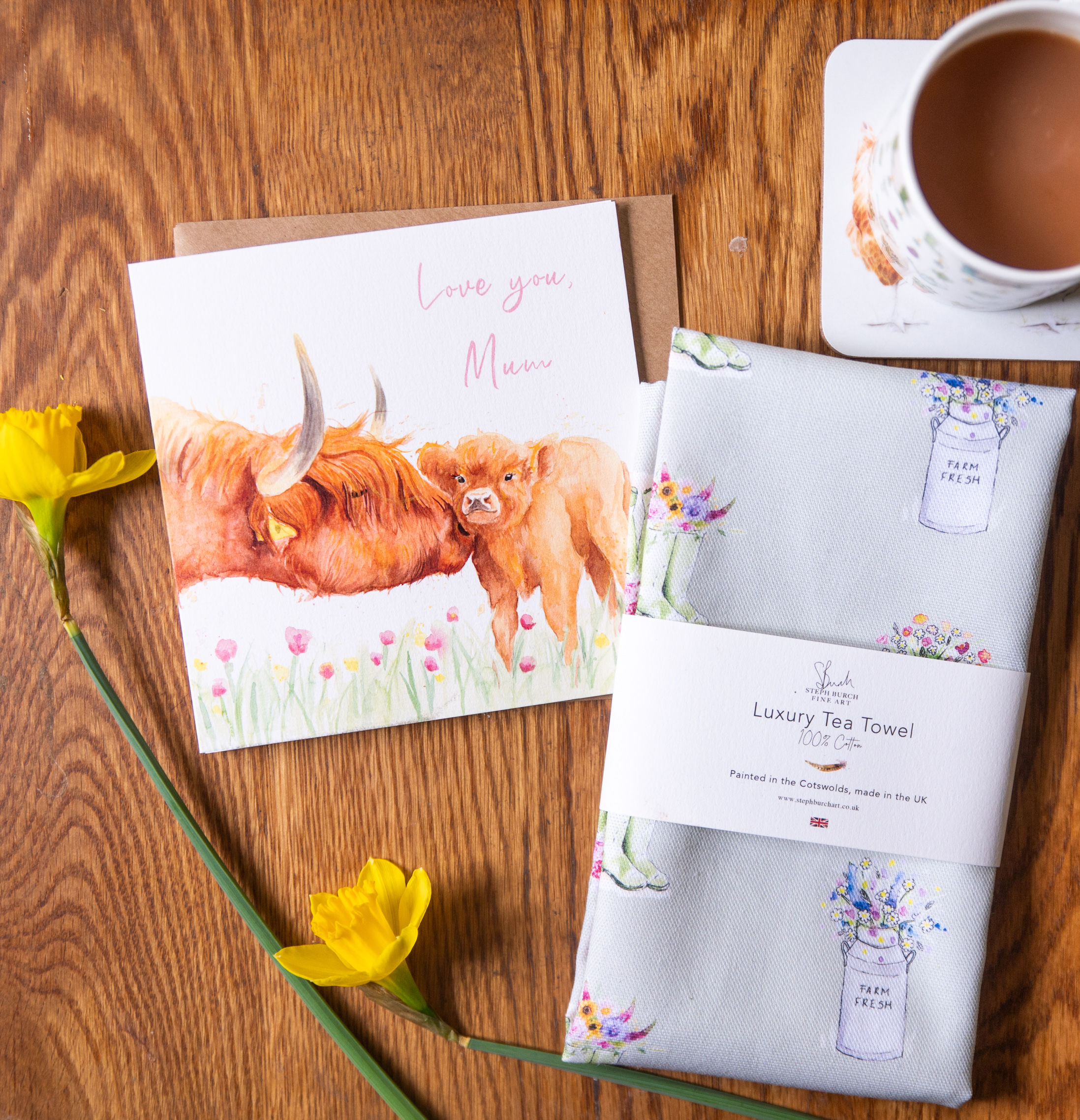 Highland Cow Card and Flowers Tea-Towel