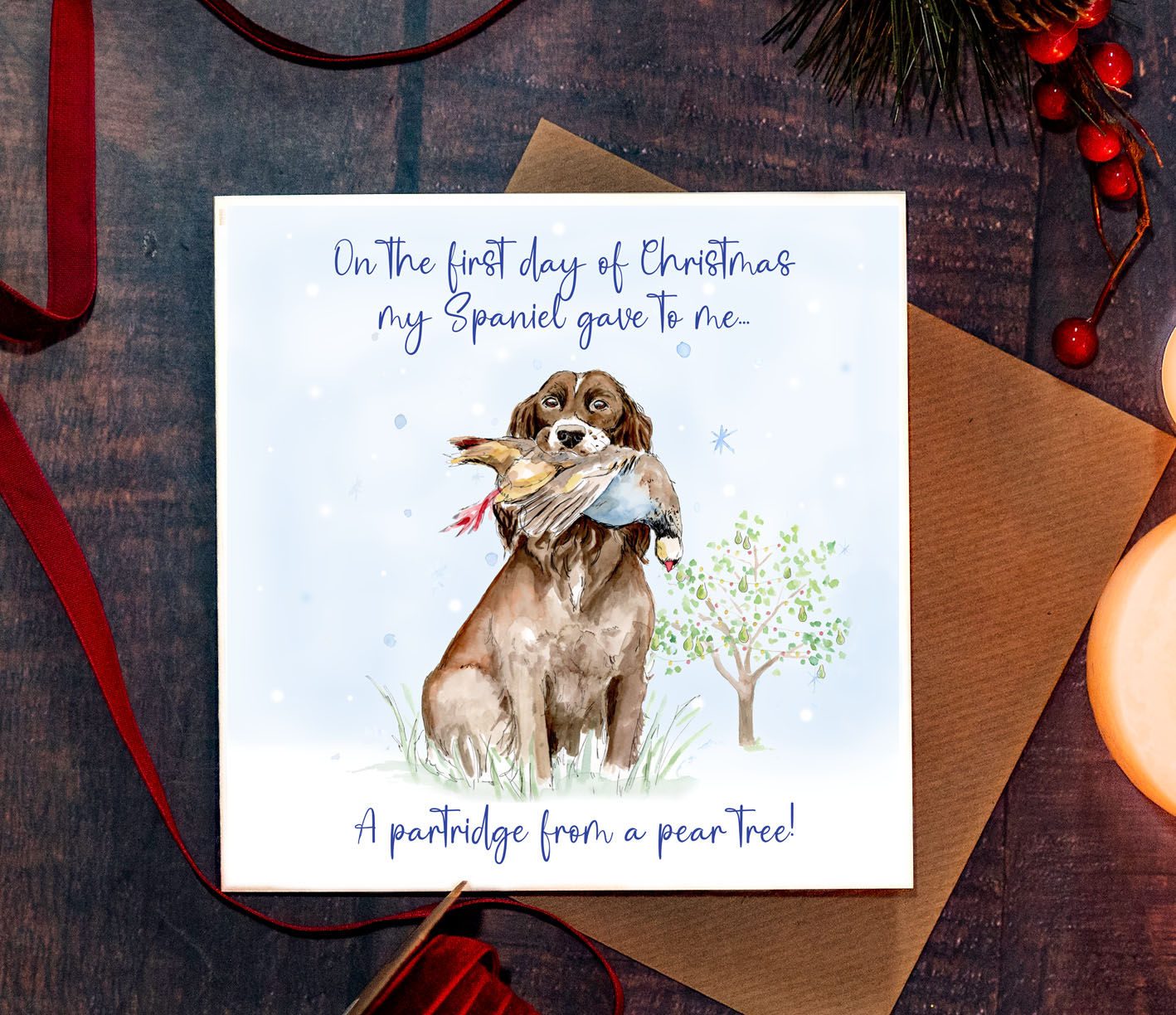 Spaniel and a Partridge Christmas Card