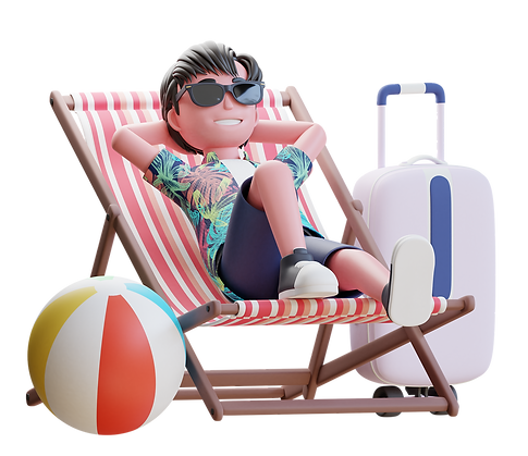 A cartoon character is sitting in a beach chair with a beach ball