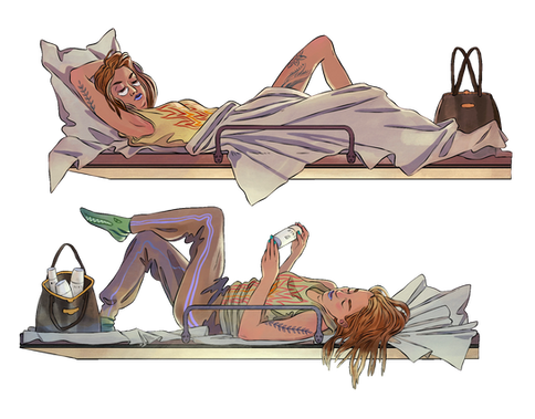 Illustration with the girl with tattoo sleeps and looks on cosmetics and skin care on the train