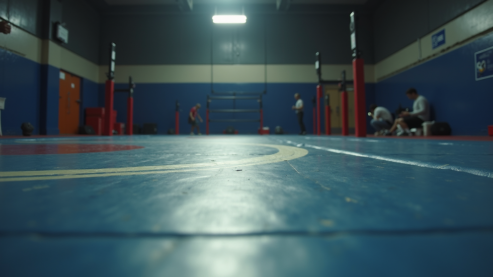 Eye-level view of a wrestling mat with training equipment