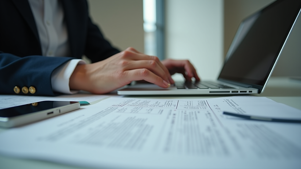 Eye-level view of a professional translator working on a laptop with documents