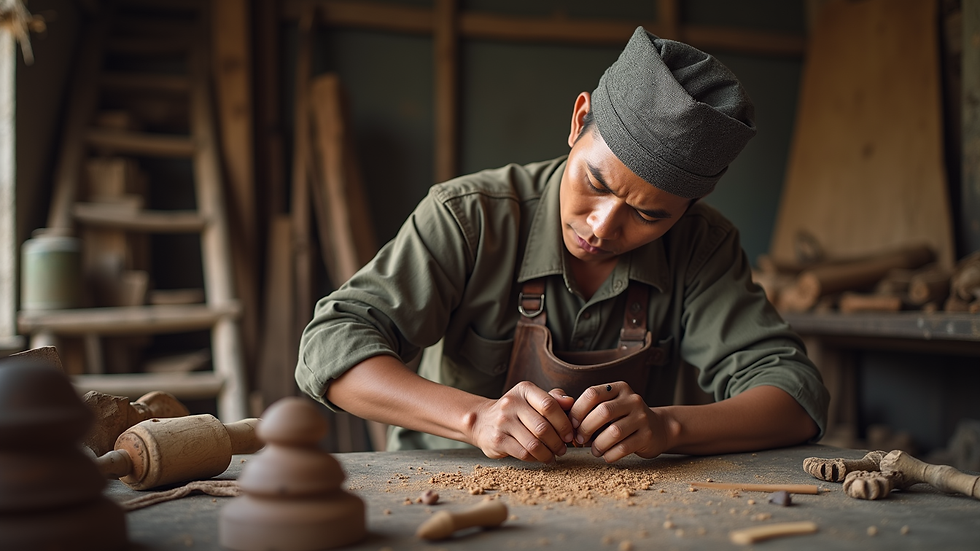 Eye-level view of a traditional Indonesian artisan crafting a wooden sculpture