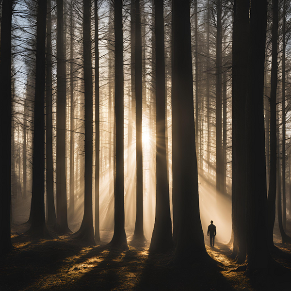 sun shining through a dark forest