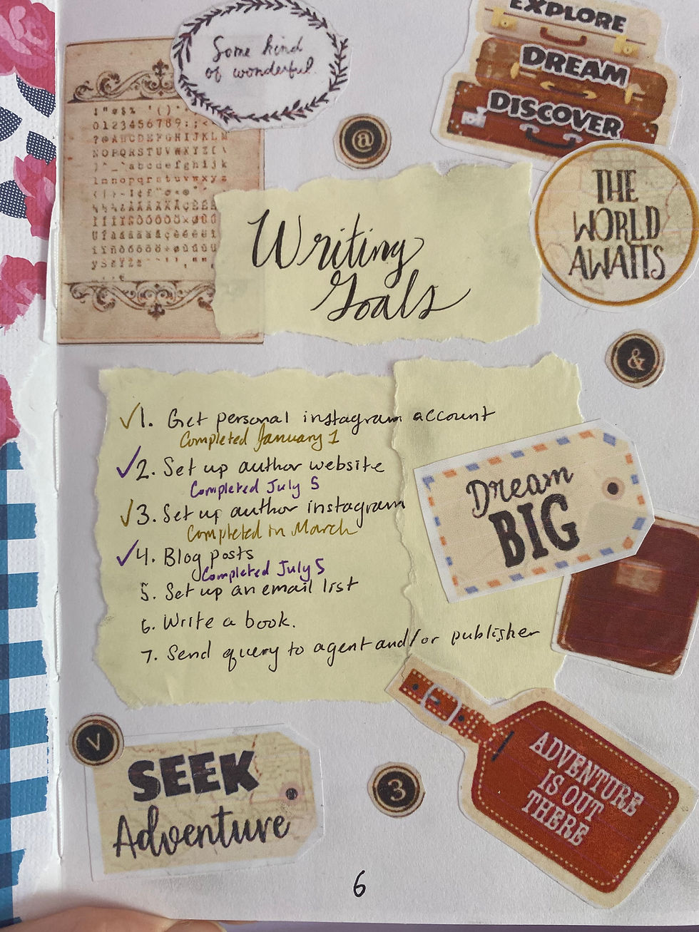 Writing goals page in writing journal