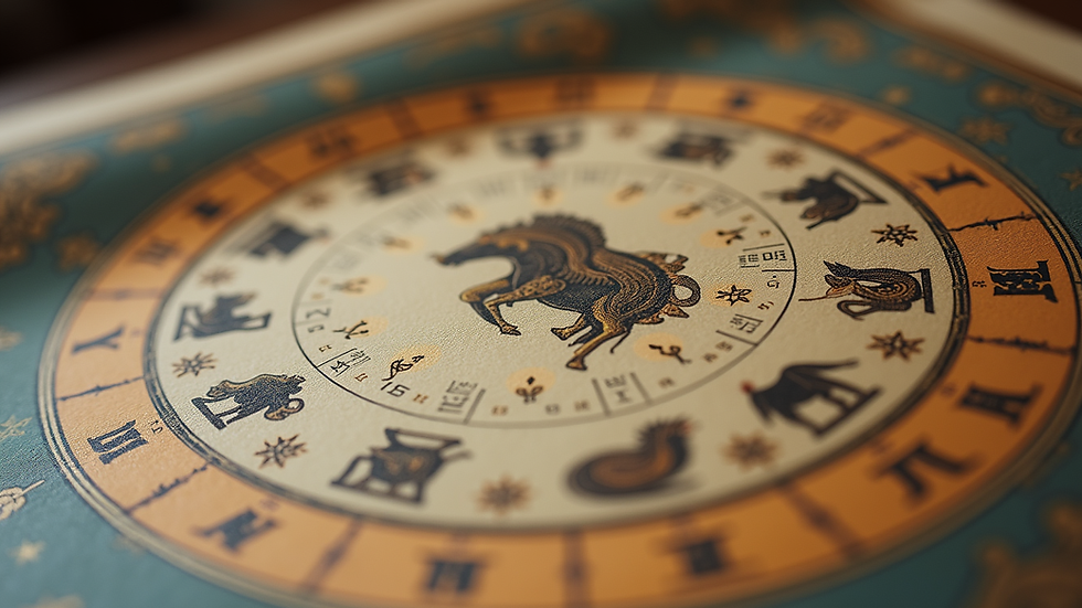 Close-up view of astrological chart with zodiac signs