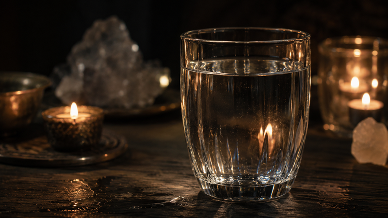 Glass of water with candlelight and crystals — Water Element shamanic practice