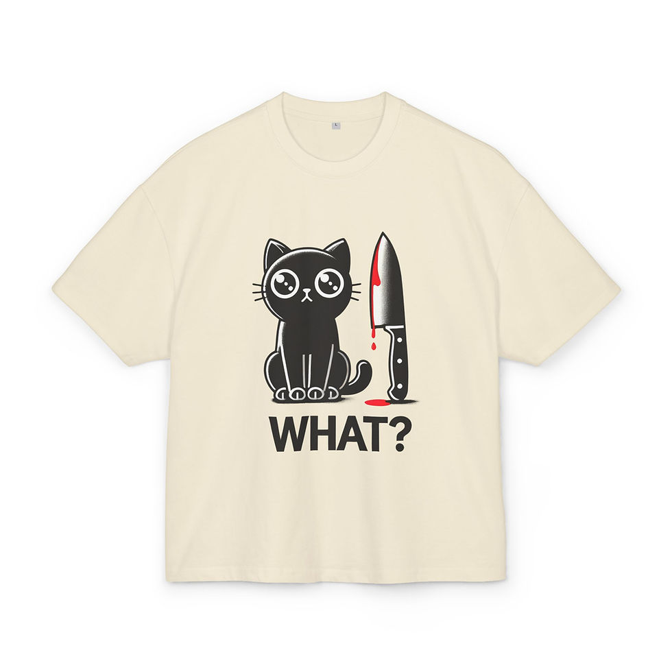 Miniaturbild: T-Shirt "What?!" mit Katze & Messer – Für alle mit dunklem Humor