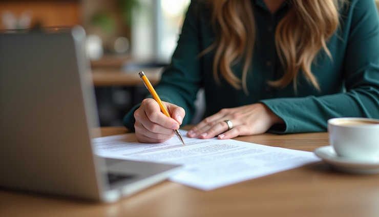 Eye-level view of a mobile notary signing documents at a coffee shop table