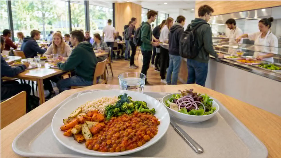 Vegansk lunch med kikärtsgryta, rostade grönsaker och fullkorn på en bricka i en tysk studentmatsal.