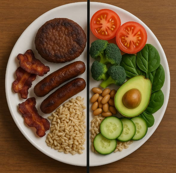 En tallrik delad i två med en köttdel och en växtbaserad del
