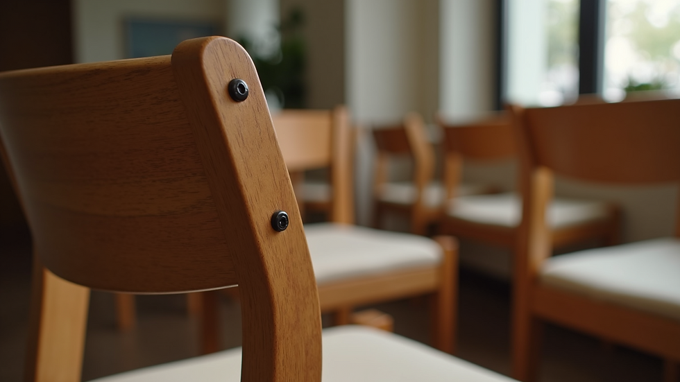 Close-up view of a sturdy wooden hotel chair with reinforced joints