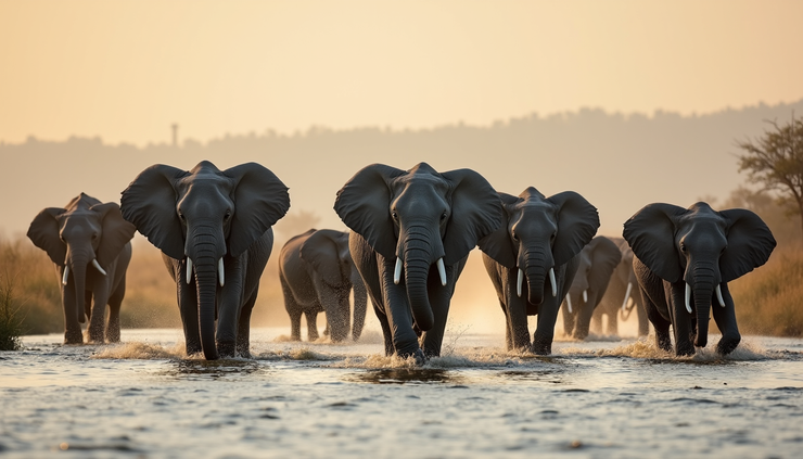 Eye-level view of a herd of elephants crossing a river in Botswana's Okavango Delta