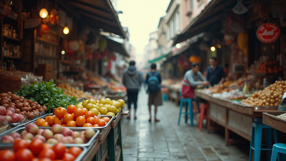 Eye-level view of a bustling local market with various goods