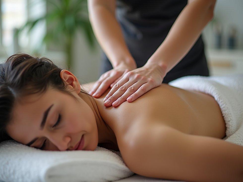Eye-level view of a massage therapist placing hot stones on a client’s back