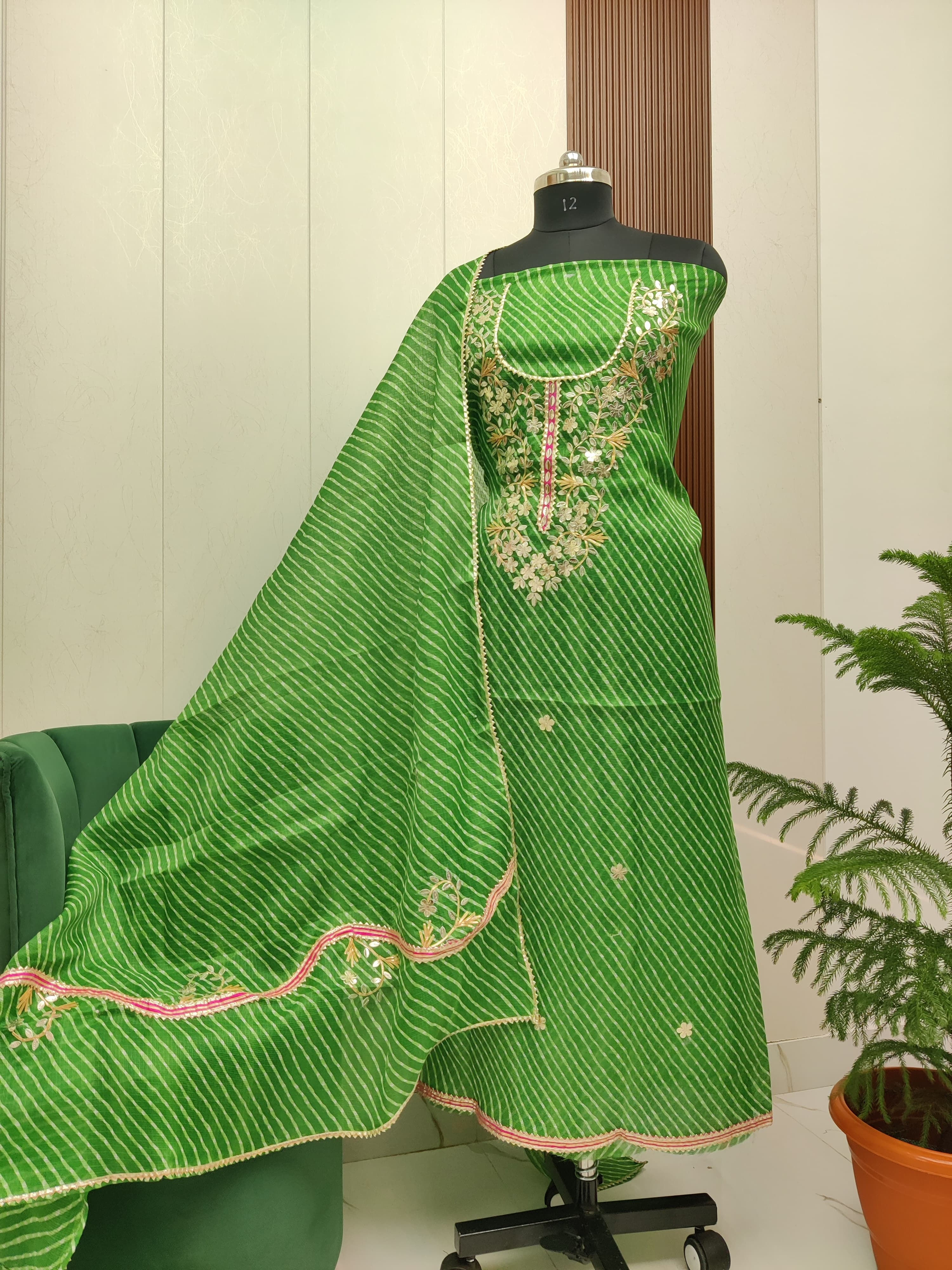 Semi-Silk Printed Fabric Set with Patach Gotta Work- Green