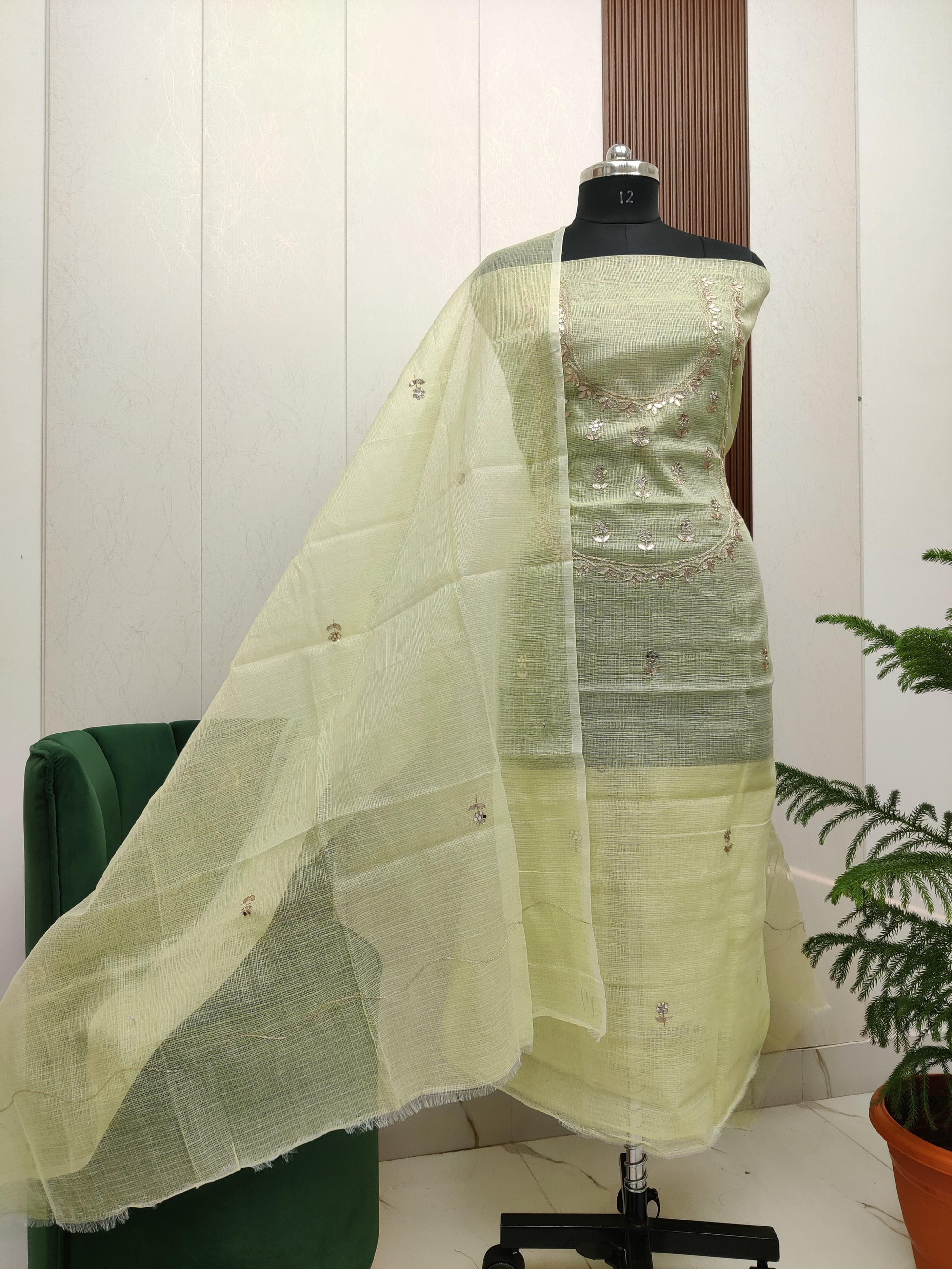 Kota Doria Soft Cotton Unstictched Suit With Gotta Work