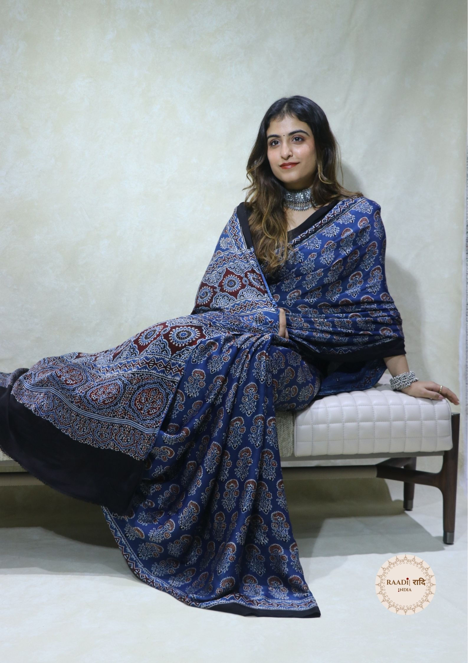 Ajrakh Modal Silk Saree from Kutch – Handcrafted with Natural Dyes