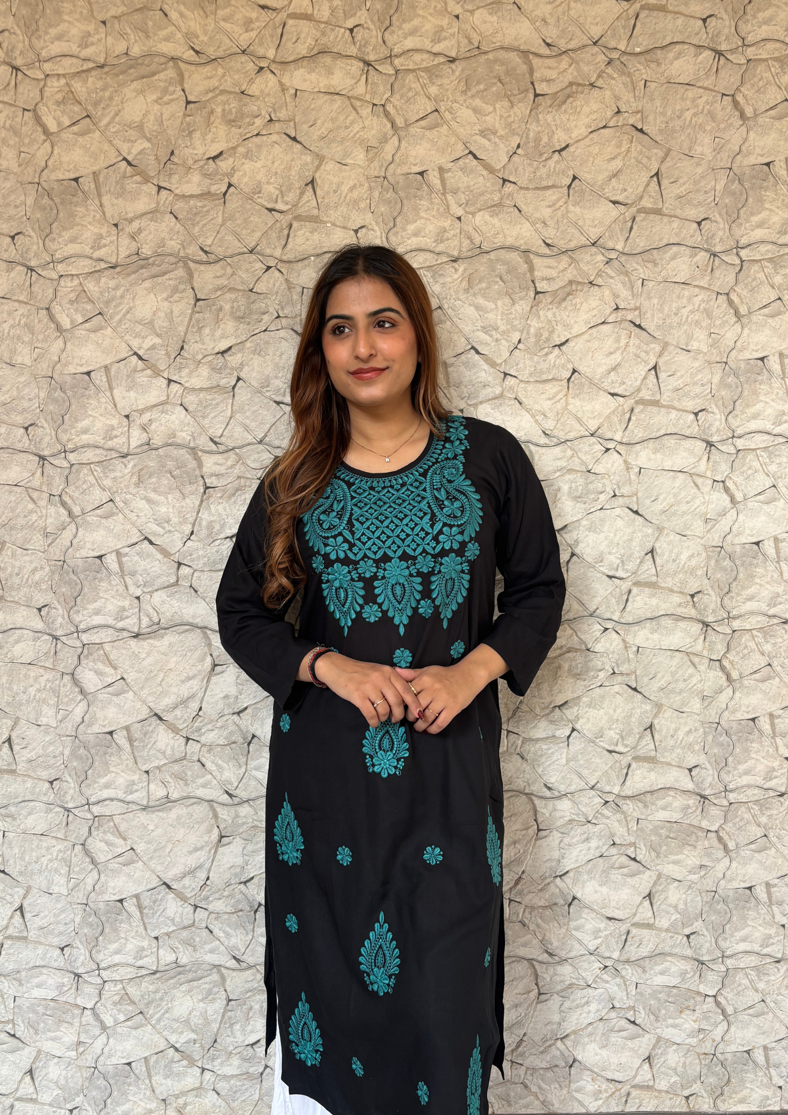 Rayon Black  kurta With Contrast Chikankari Work-Turquoise Blue