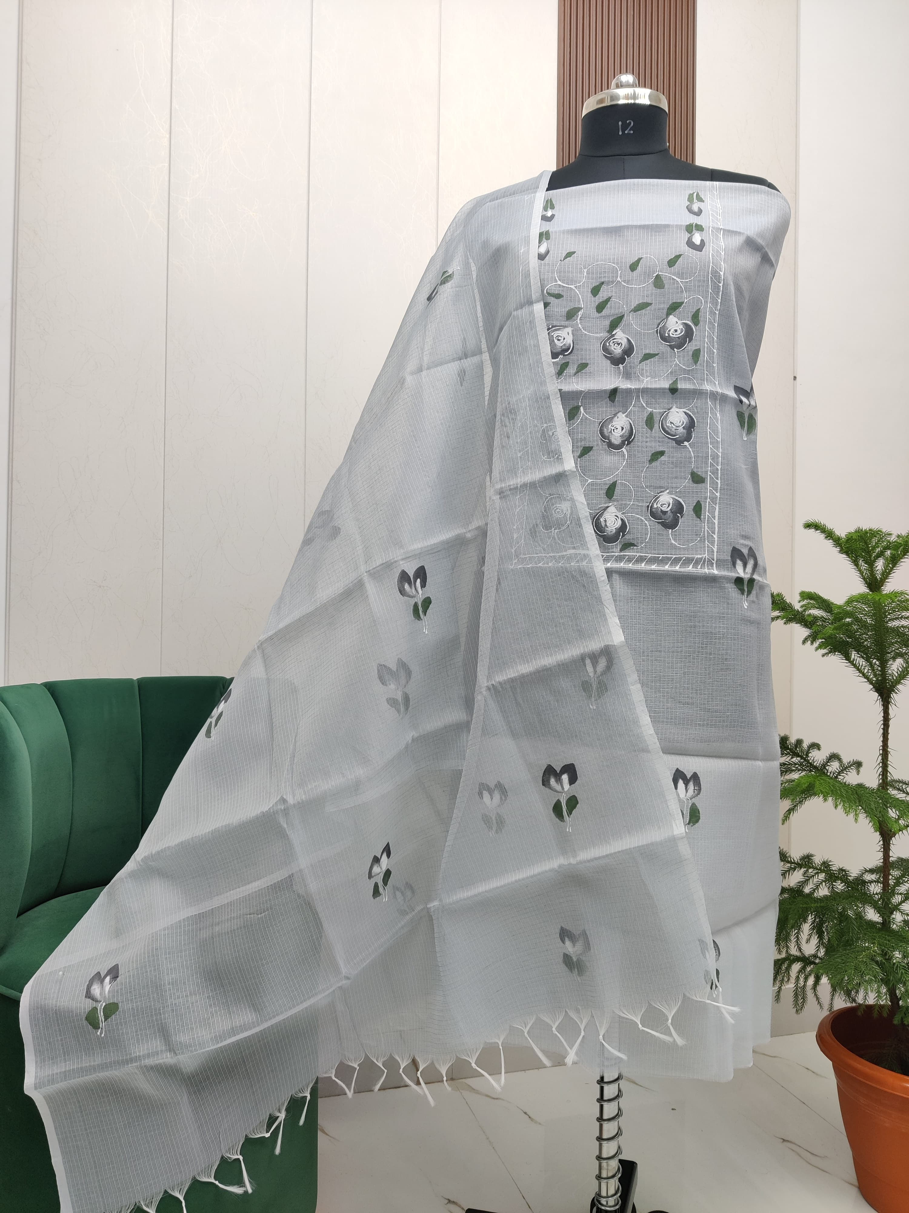 Kota Doria Soft Cotton Dress Material with Hand Brush Paint-Grey